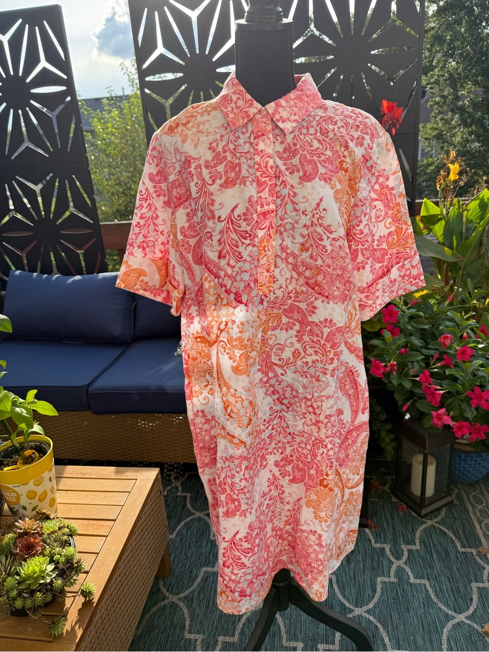 Chico's Paisley Midi Shirt Dress in Pink and Orange